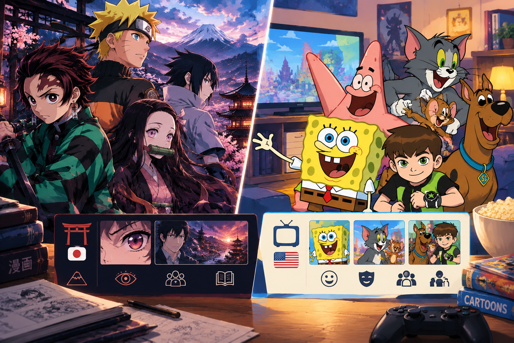anime vs cartoons art style and target audience graphic comparing Tanjiro Naruto and Nezuko with SpongeBob Tom Jerry and Ben 10