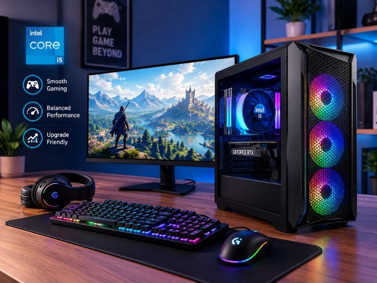 Intel Core i5 gaming PC with RGB setup and gaming monitor.