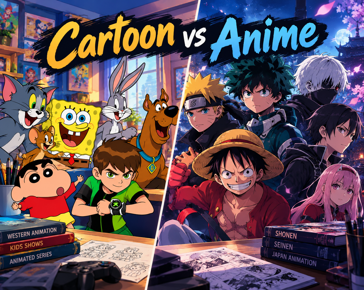 cartoon vs anime comparison guide graphic showing western animation characters like ben 10 and spongebob next to anime icons like luffy and naruto