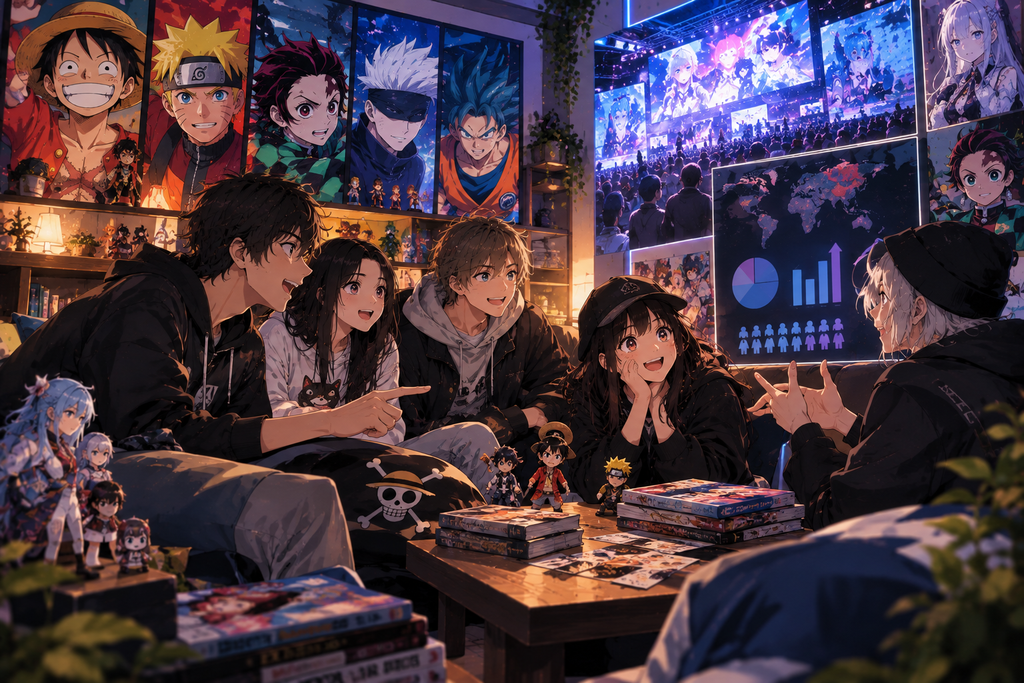 anime fan community merchandise and culture scene showing friends discussing manga posters figures and streaming analytics