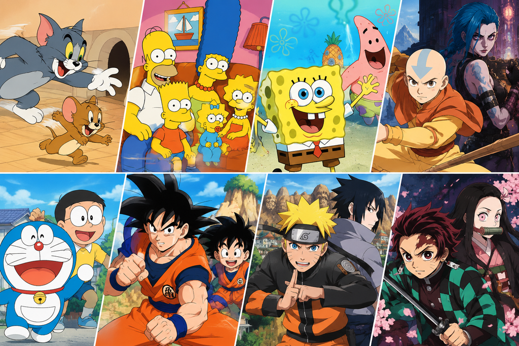 famous anime and cartoon characters collage showing Tom and Jerry The Simpsons Spongebob Goku Naruto and Demon Slayer