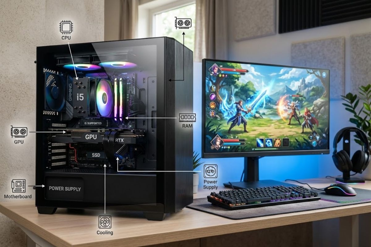 Intel i5 gaming PC with CPU, GPU, RAM and SSD components.