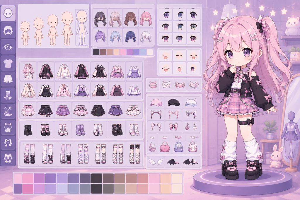 gacha life girl outfit ideas and creator wardrobe menu showing pink and purple aesthetic chibi avatar clothes