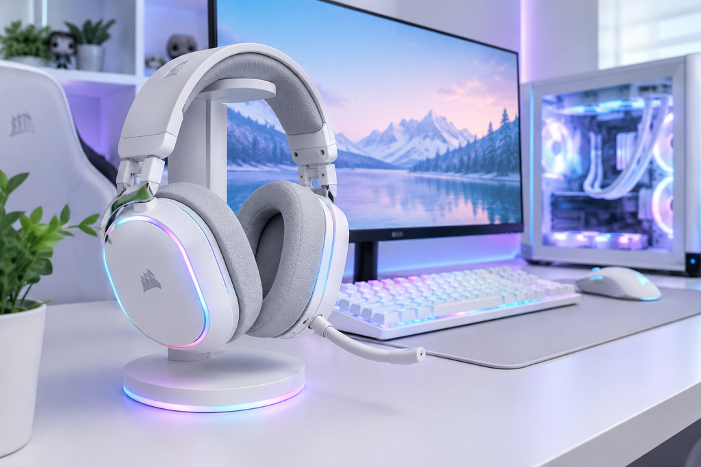 white rgb gaming headset setup resting on a matching stand on a clean white desk with mechanical keyboard and PC case
