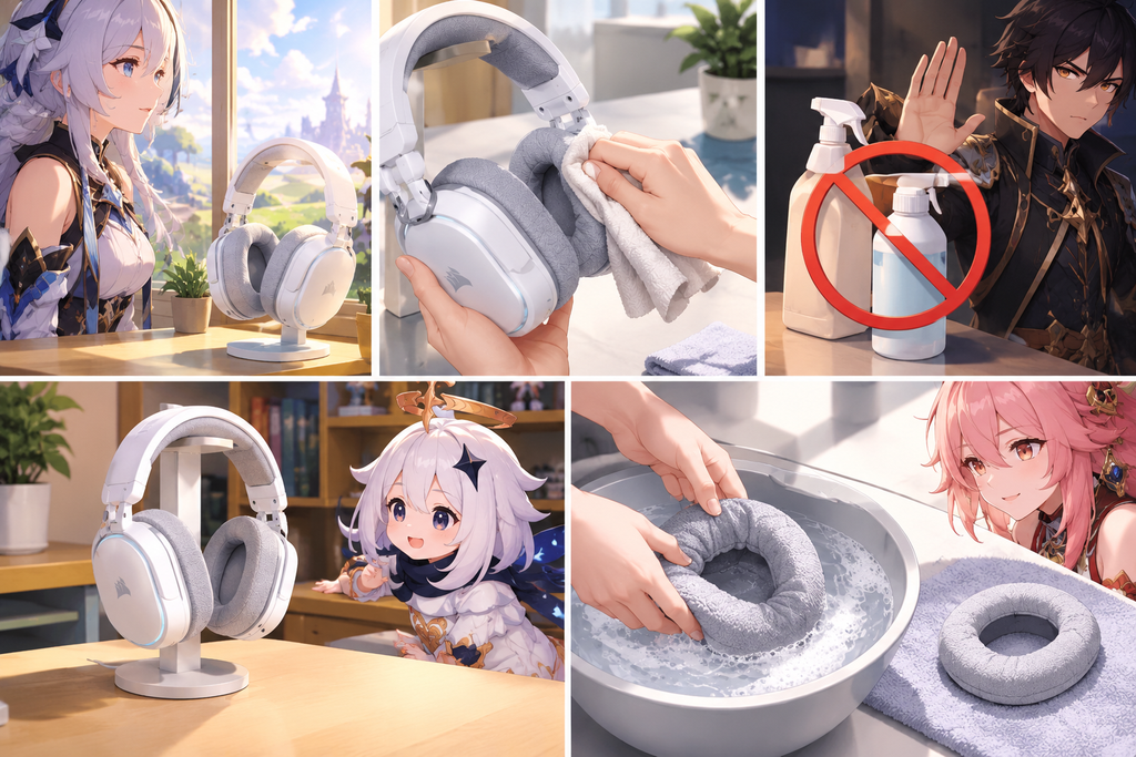 gaming headset cushion cleaning and maintenance tips showing gentle wiping hand washing ear pads and avoiding harsh chemicals