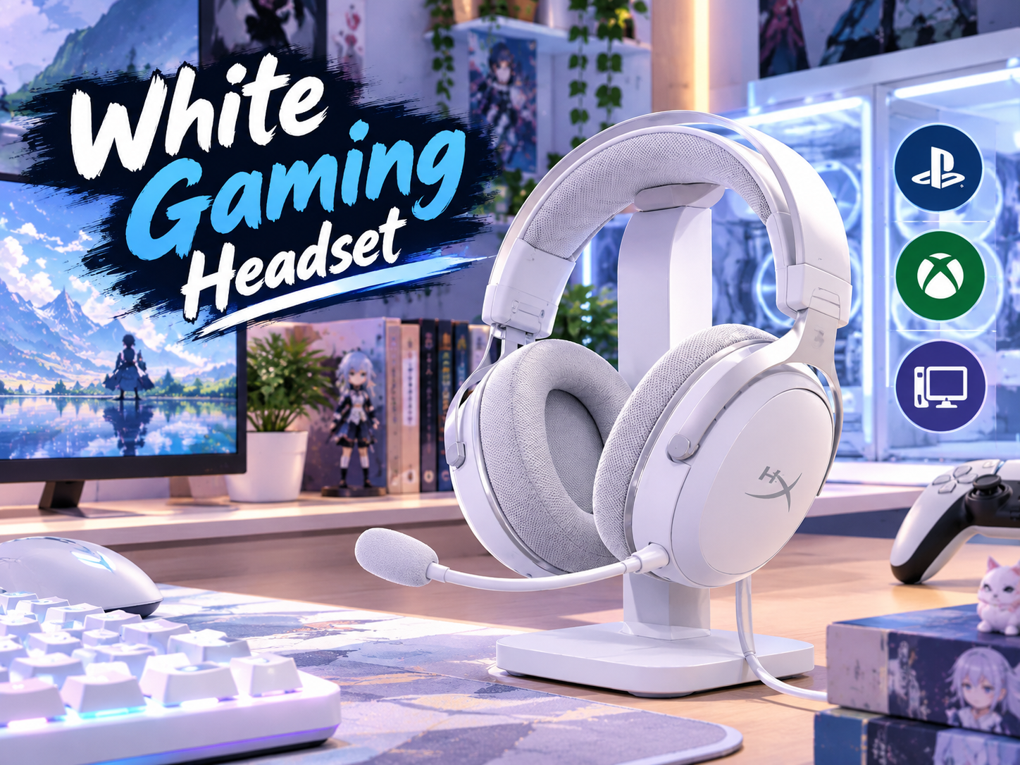 white gaming headset featured review showing hyperx headset on stand with playstation xbox and pc platform icons