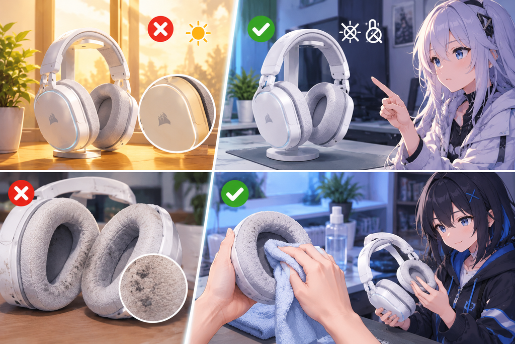 how to clean and care for white gaming headset guide showing correct storage away from direct sunlight and ear cushion cleaning tips