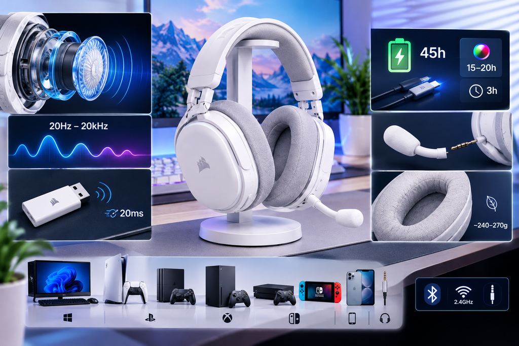 white wireless gaming headset specifications and features diagram showing 20Hz-20kHz drivers 45h battery life low latency dongle and multi device compatibility