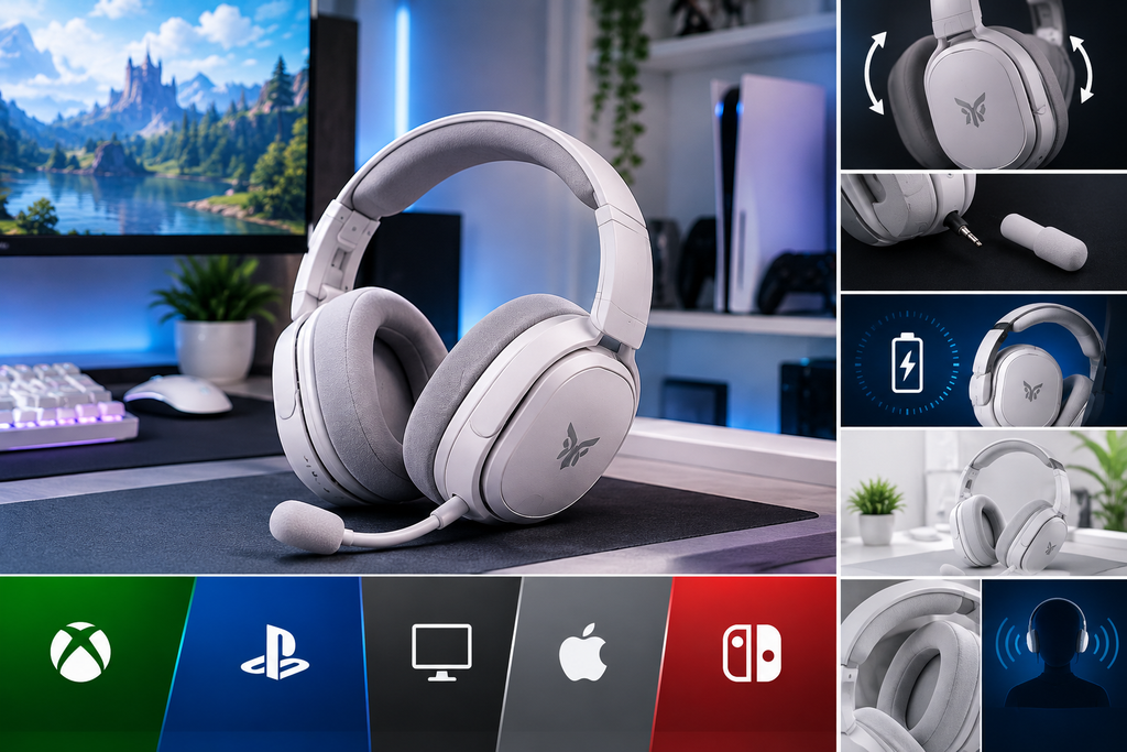 white wireless gaming headset multi platform compatibility layout showing swivel earcups detachable 3.5mm jack battery charging and platform icons