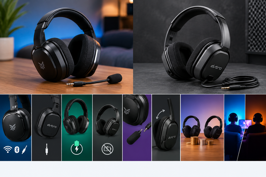 astro gaming headset comparison wired vs wireless feature grid showing battery life flip to mute mic and design differences