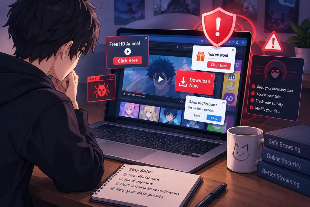 safe anime streaming online security guide showing laptop screen with pop up ads virus warnings and safety checklist notepad