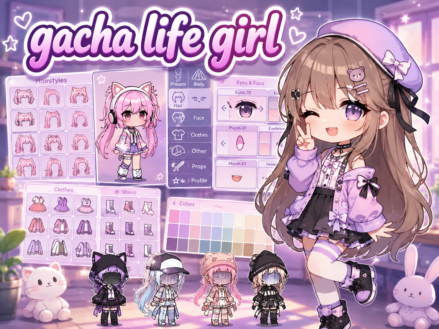 gacha life girl character customization menu showing hairstyles outfits and purple aesthetic avatar design