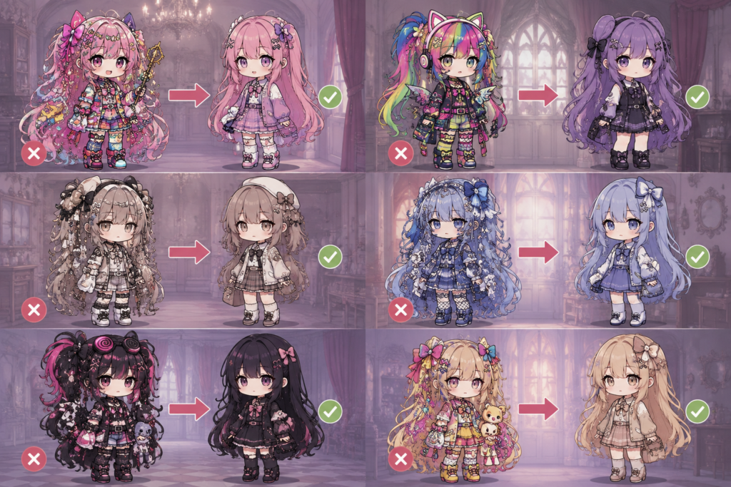 gacha life girl outfit design tips comparison showing overly cluttered vs clean aesthetic character styles