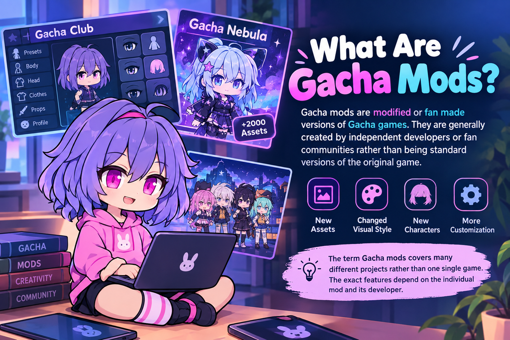 Gacha mods with customizable characters new assets and modified game features.