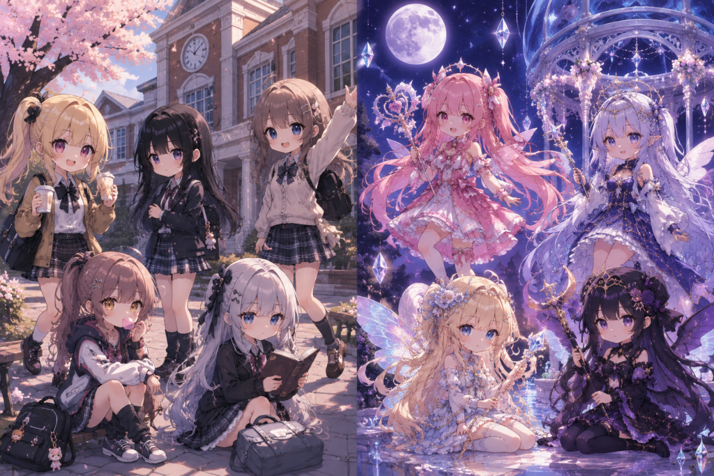 gacha life girl school vs magical transformation split image showing academy student avatars and magical fairy forms