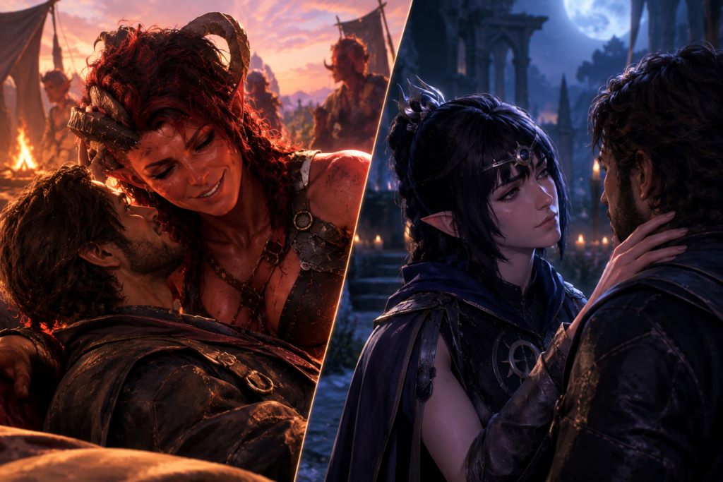 baldurs gate 3 karlach vs shadowheart romance comparison split image showing camp cutscenes