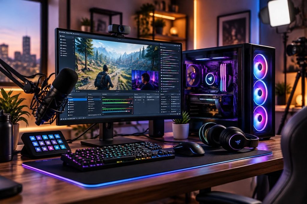 Modern streaming PC setup with RGB computer and gaming