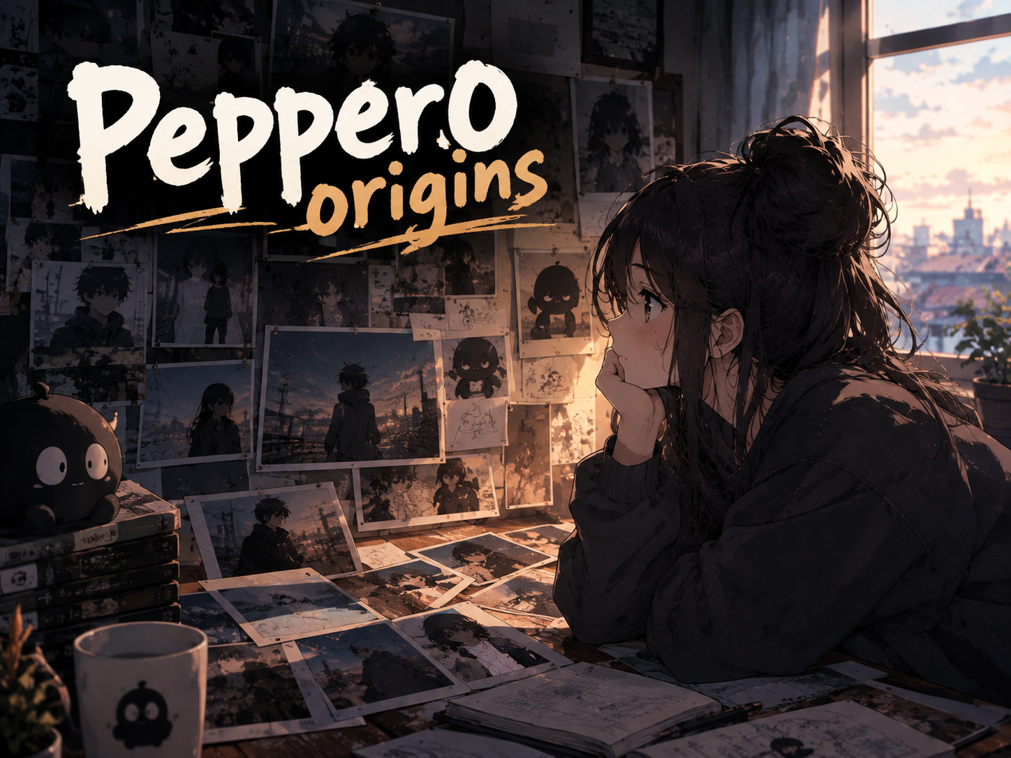 pepper0 origins comic storyline banner with anime girl sitting at study desk looking at draft sketches