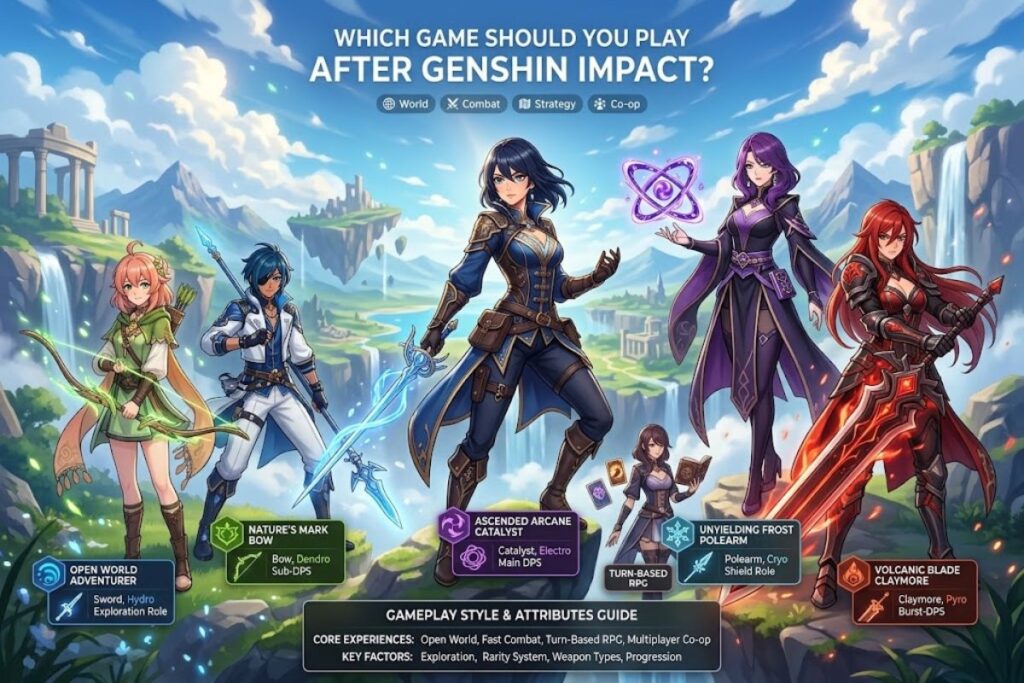 Anime RPG characters representing different Genshin Impact alternatives and gameplay styles.
