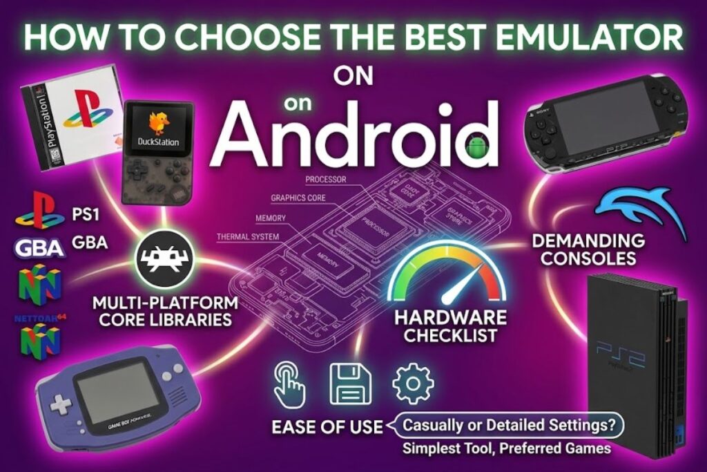 Best emulators on Android guide banner featuring handheld console and logo.