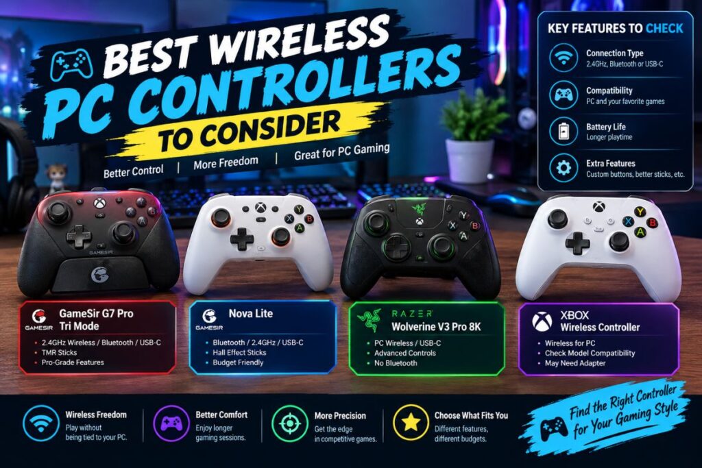 Best wireless PC controllers for gaming, featuring GameSir, Razer and Xbox models.