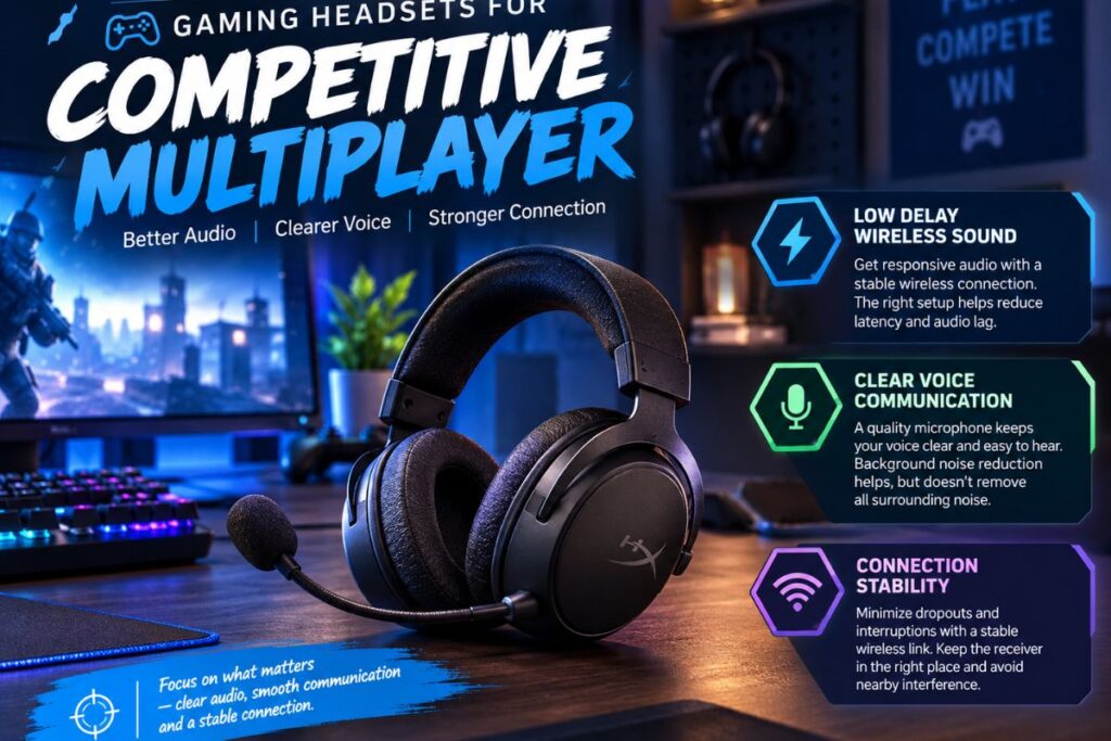 Competitive gaming headset with clear audio and stable wireless connection.