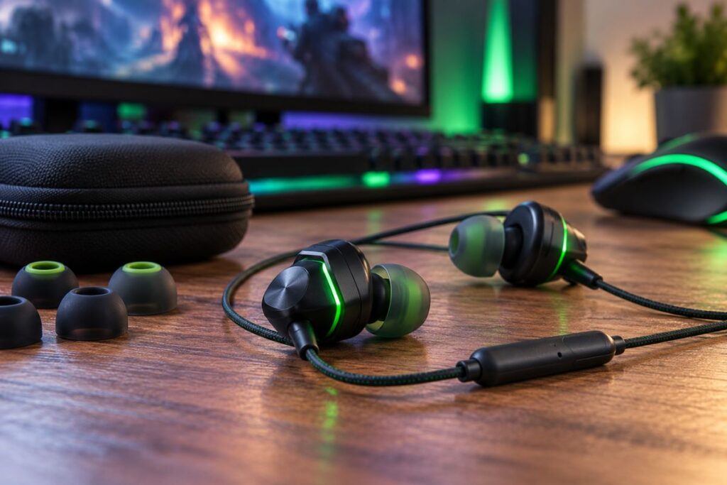 Gaming earbuds with compact design and audio features.