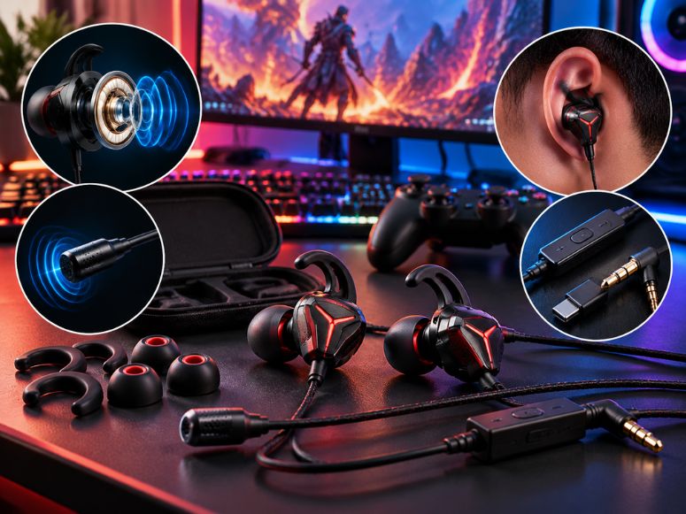 Gaming earbuds with microphone and accessories for competitive gaming.