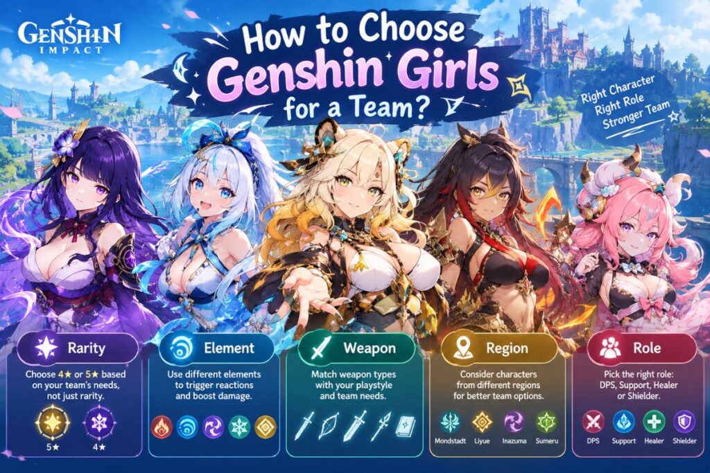 Genshin Impact girls chosen for different team roles and elements in team comps.