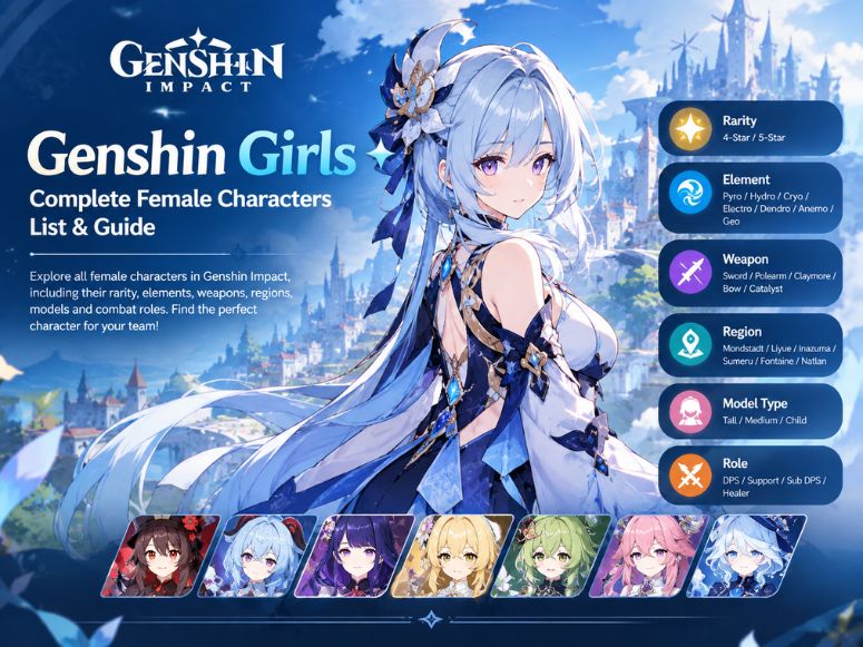 Genshin Impact female characters guide showing rarity, elements, weapons, regions and roles.