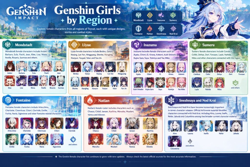 Genshin Impact female characters organized by region and nation.