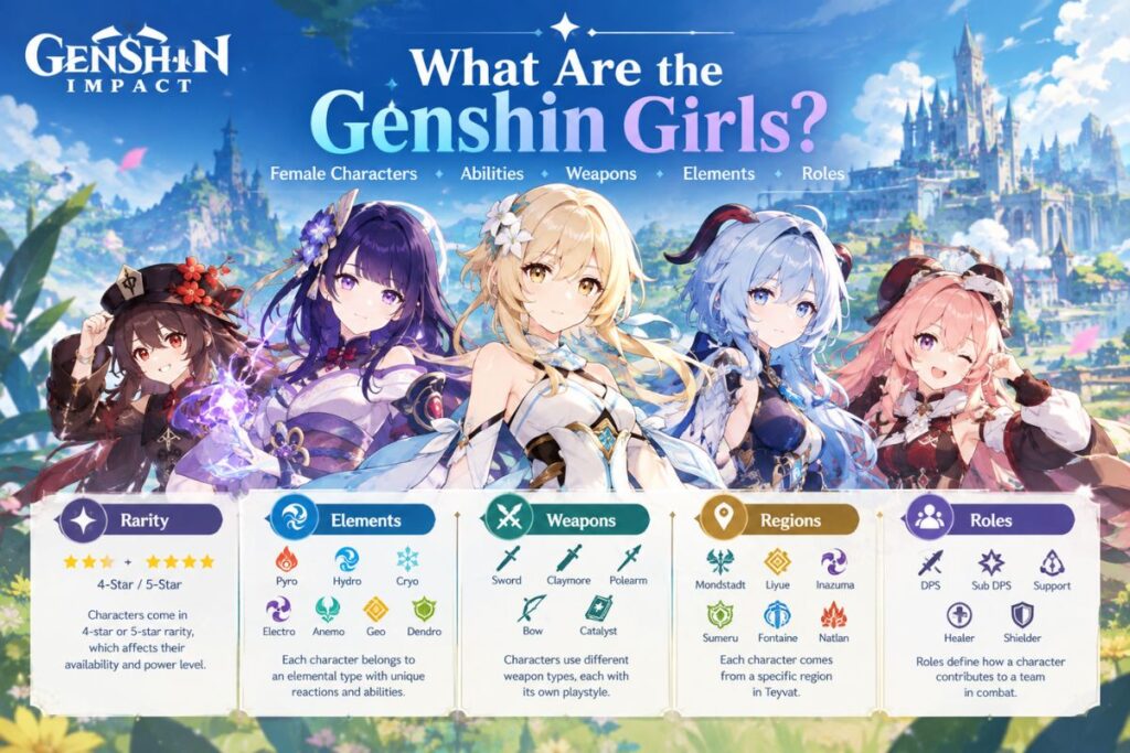 Genshin Impact female characters showing rarity, elements, weapons, regions and roles.