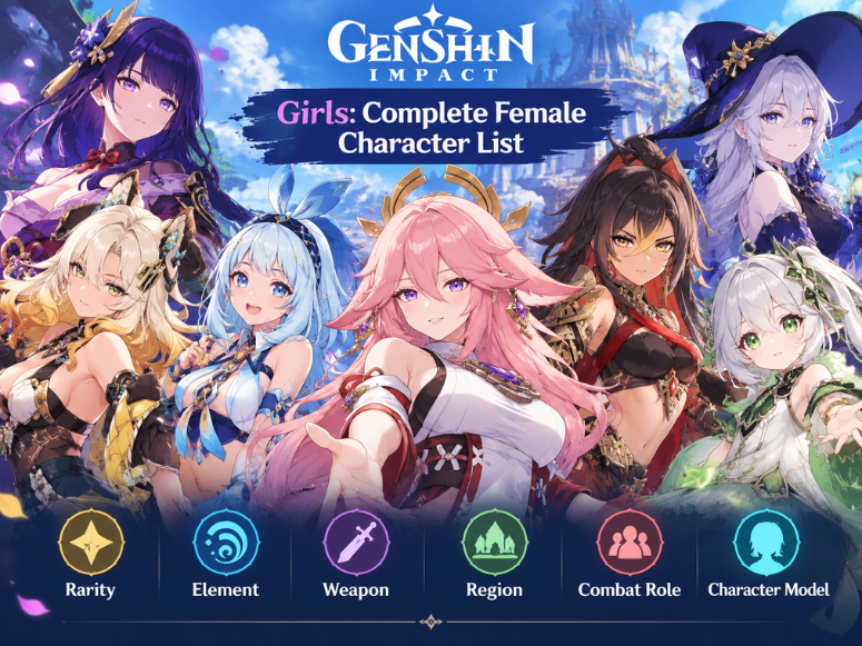 Genshin Impact girls showcasing female characters with different elements, weapons and combat roles.