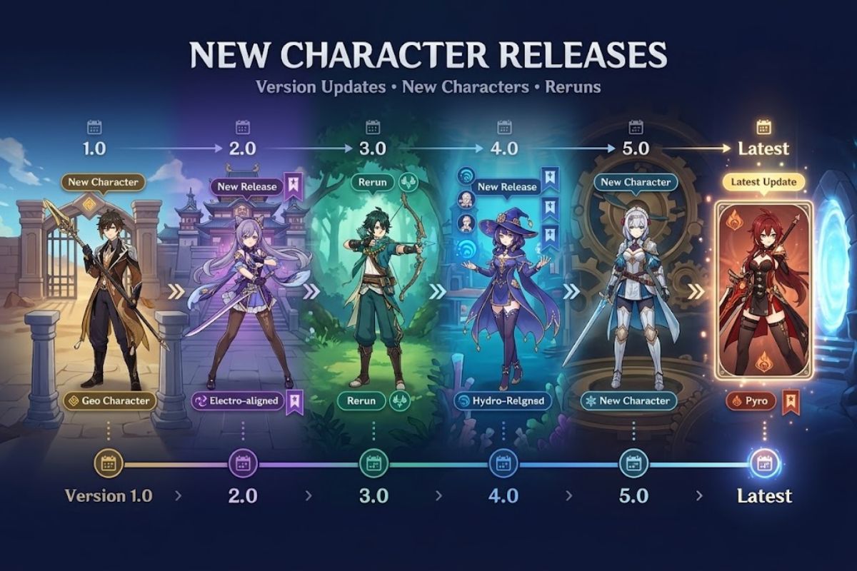 Genshin character release timeline highlighting new Genshin characters and banner reruns across version updates.