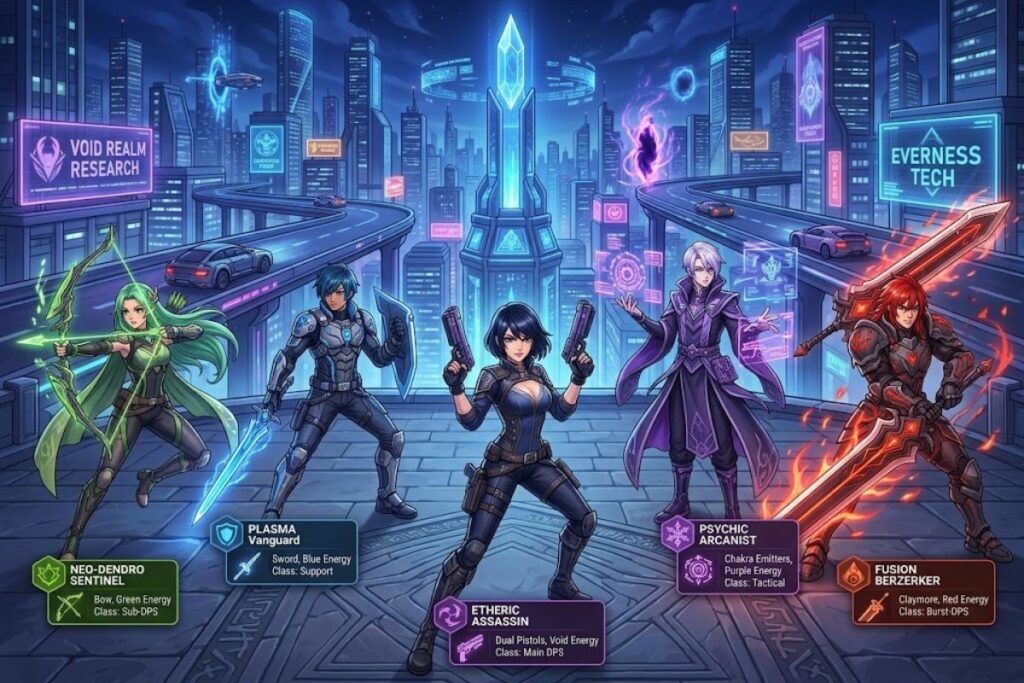 Neverness to Everness anime characters exploring a futuristic supernatural city.