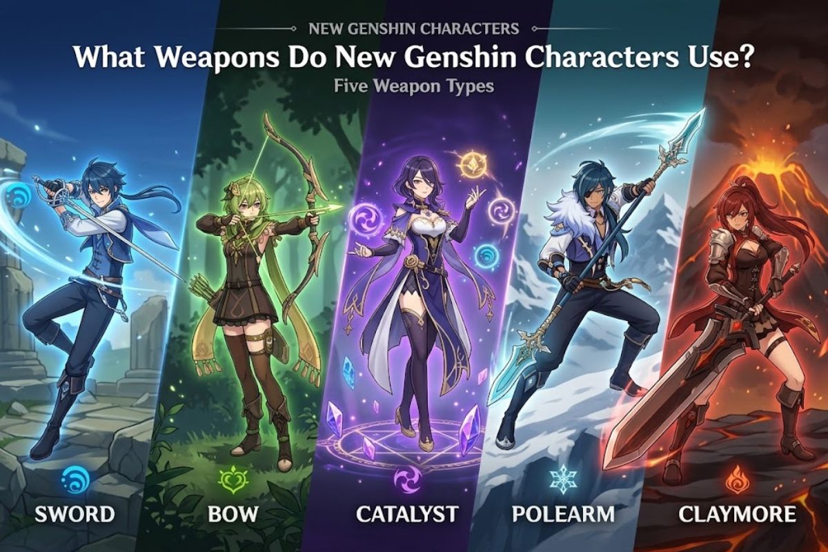 Here is the natural, SEO-optimized alt text combining your base text with the focus keyword:
**Alt Text:**
"New Genshin characters using five weapon types including Sword, Bow, Catalyst, Polearm, and Claymore.