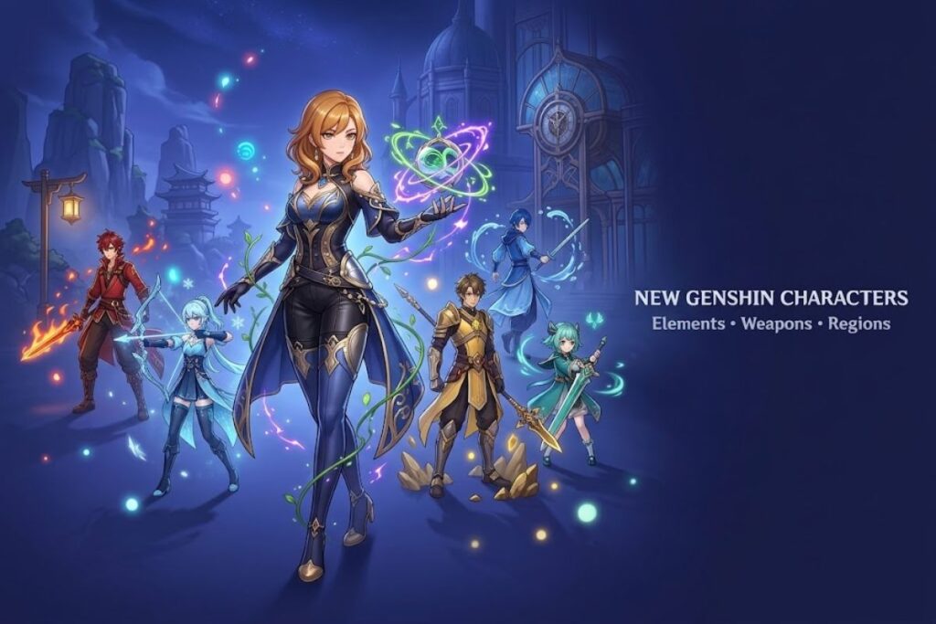 New Genshin characters showcasing different elements, weapons and magical abilities.