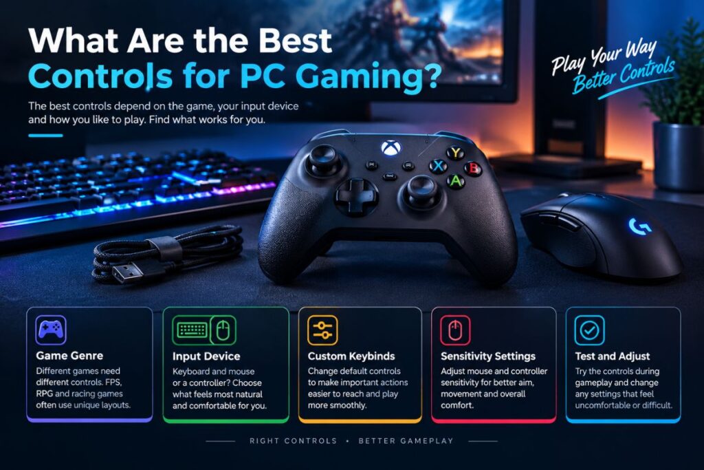 PC gaming controls setup with keyboard mouse controller keybinds and sensitivity settings.