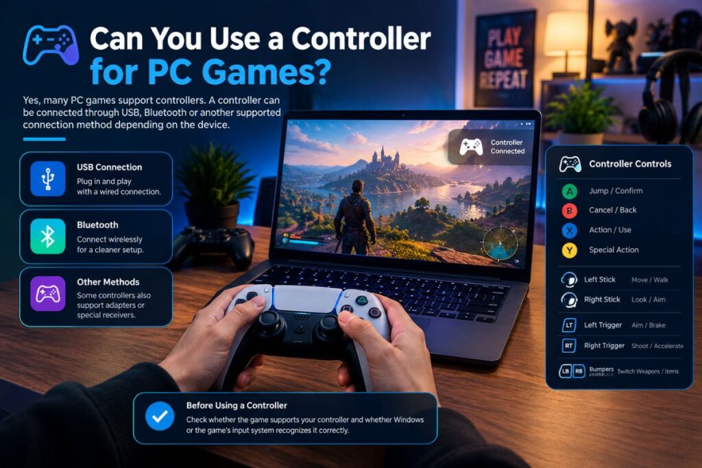 PC gaming with a controller connected to a laptop via USB or Bluetooth