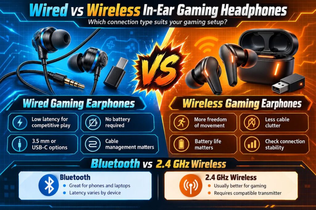 Wired vs wireless gaming earbuds comparison infographic.