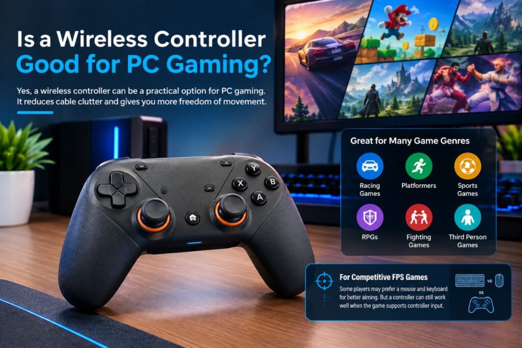 Wireless controller for PC gaming across multiple game genres.