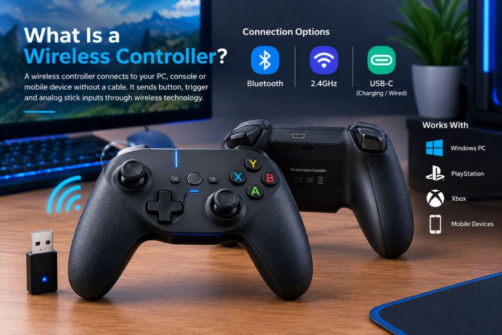 Wireless controller showing Bluetooth 2.4GHz USB-C and device compatibility.