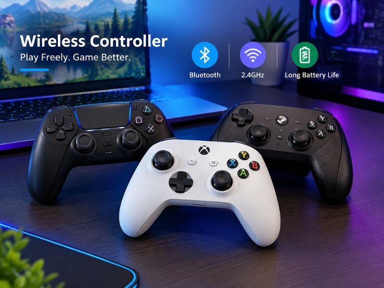 Wireless gaming controllers with Bluetooth and 2.4GHz connectivity.