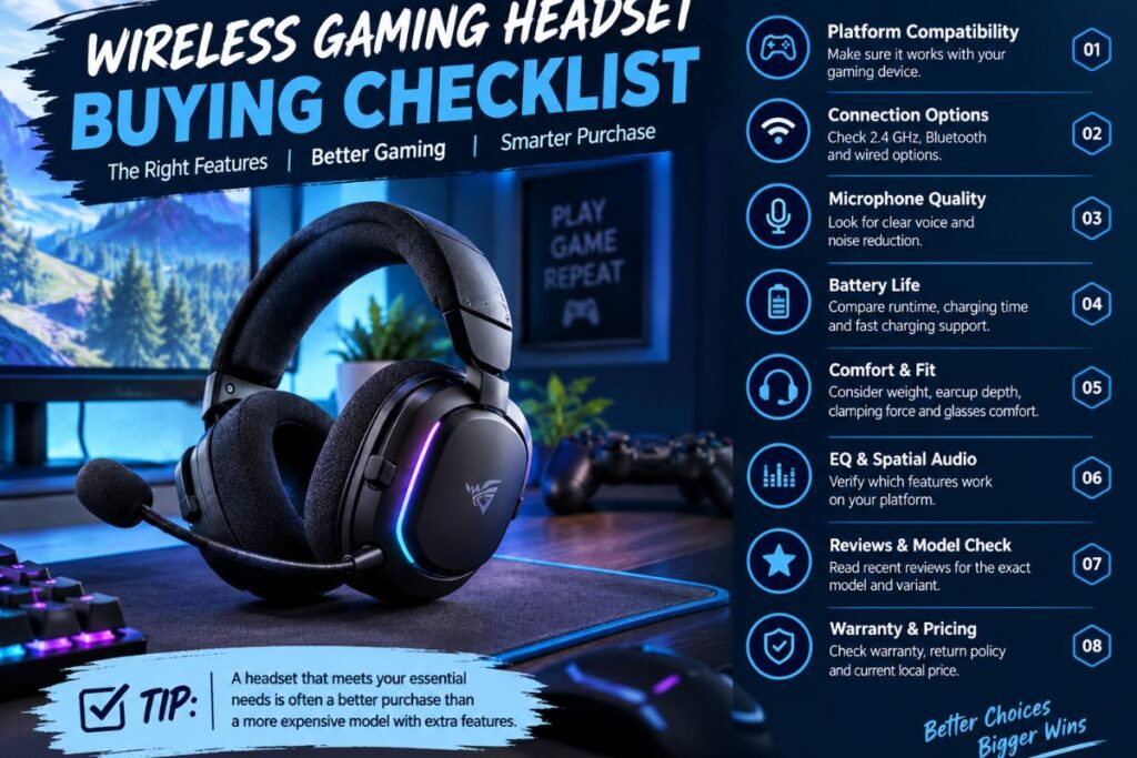 Wireless gaming headset buying checklist for comfort, battery life and compatibility.