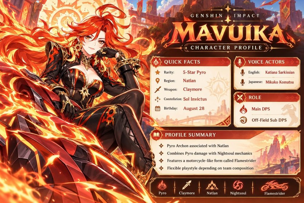 Mavuika character profile with Pyro abilities, Natlan details and Flamestrider overview.